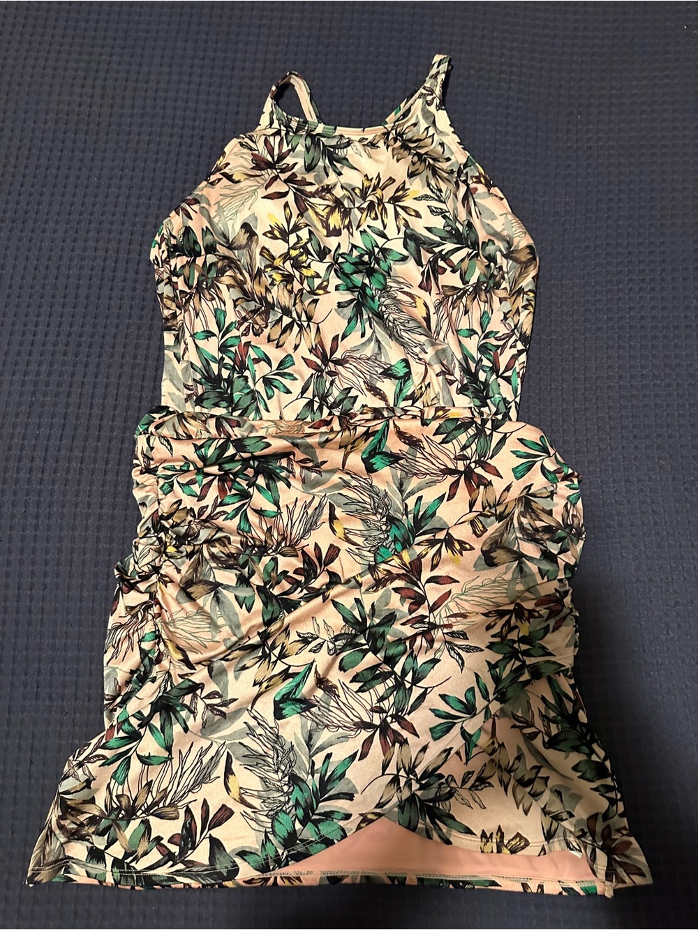 Athleta Peach Floral Halter Mini Dress with Green Leaf Print